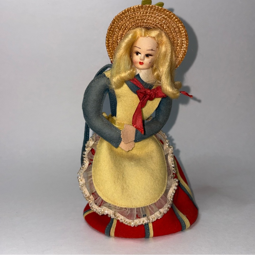 Vintage 1950 Coin Purse Woman in Dress w/ Wood Face Wool & Cotton in Italy